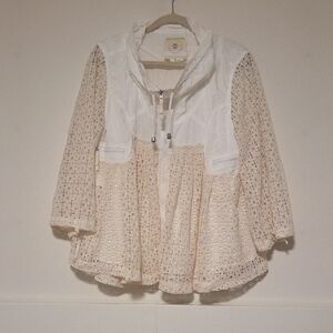 Anthropologie Hei Hei Women Ivory Cream Eyelet Swing Windbreaker Jacket Sz L euc